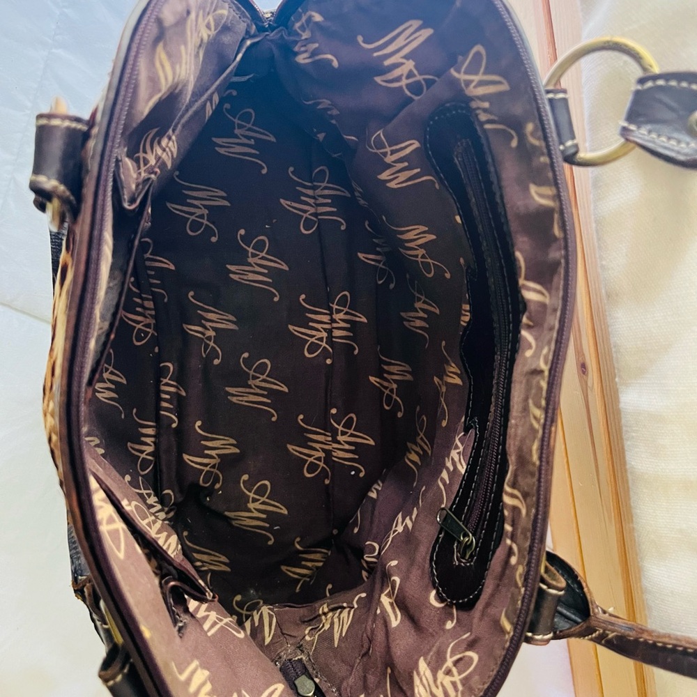 American West Vintage Leather Handbag Tooled Leather/ Animal Print Hair On/Studs - Picture 8 of 15
